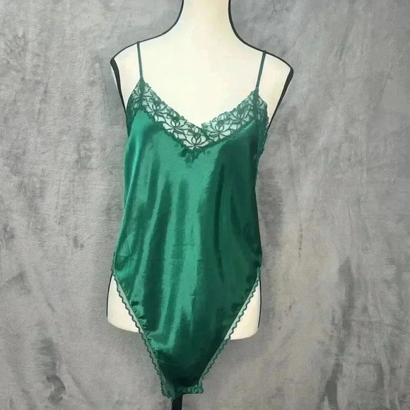 Vtg Victorias Secret Gold Label Sz M Emerald Green Satin Bodysuit Lace Trim